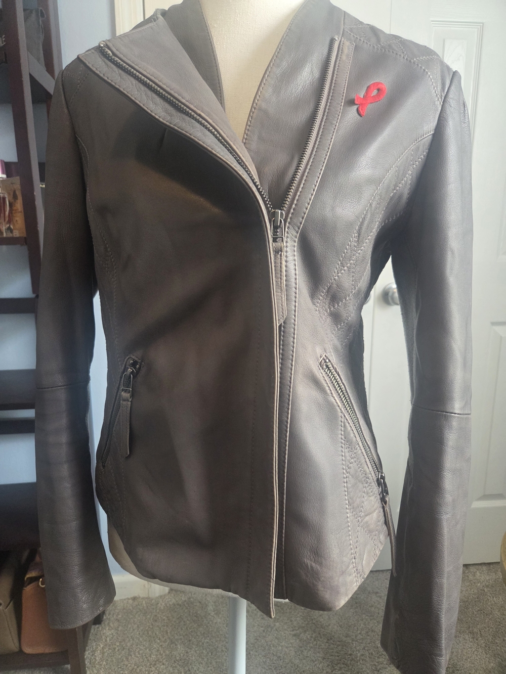 Preston & York Gray Leather Asymmetrical Moto Zip Jacket with Red Accent